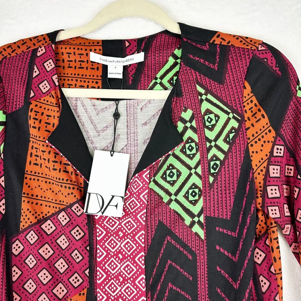 Rose Silk Dress Womens 6 Ethnic Collage Dot Diamond Print - Image 5