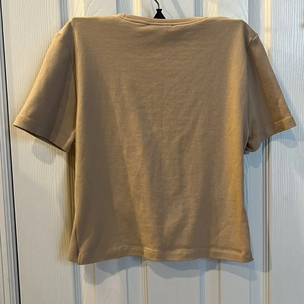 ZARA Tan Short Sleeve Cropped Cotton Blend Top with Front Knot Accent- Large - Image 5