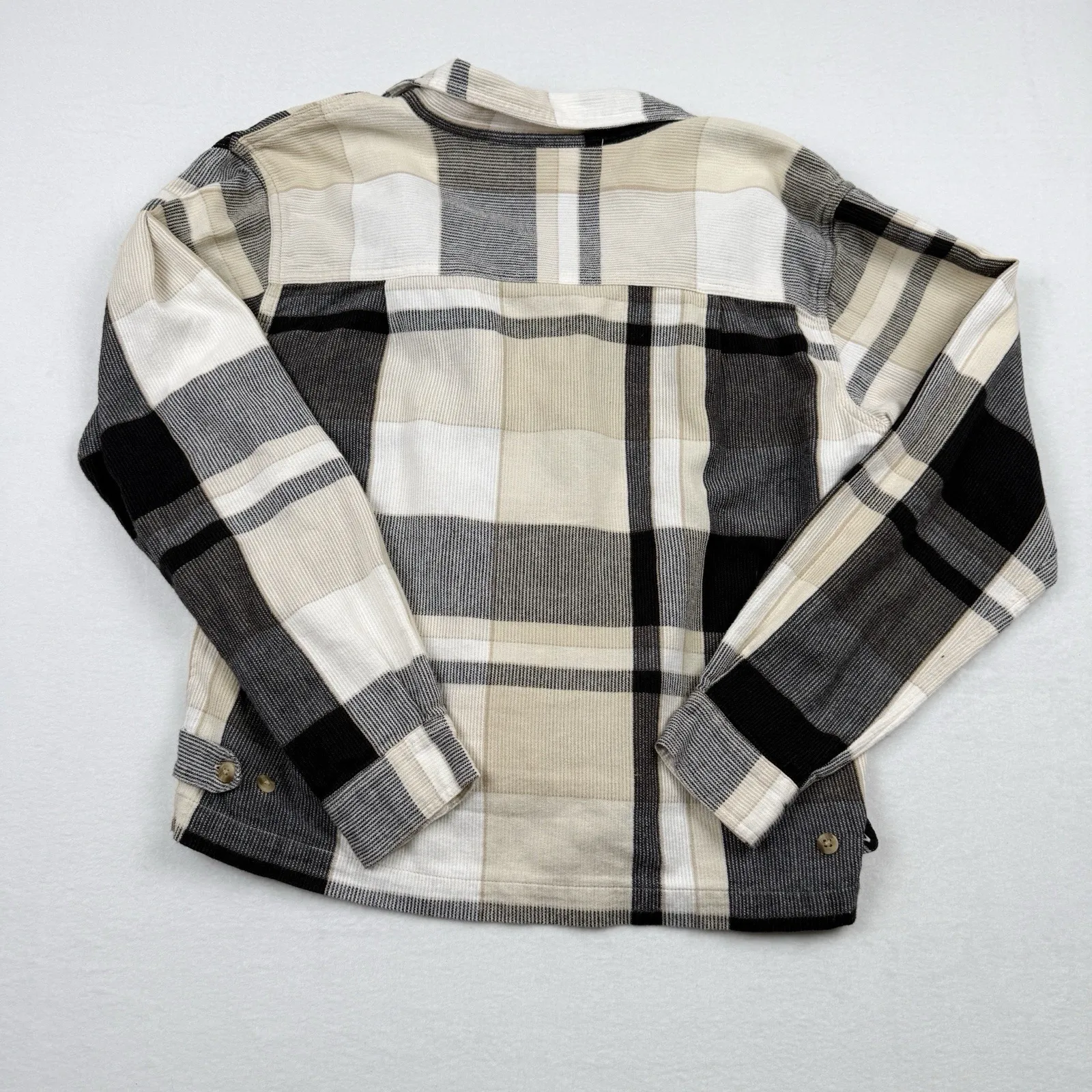 Fashion Bug Plaid Zip Front Jacket Sweater Womens Medium Black Cream Cotton - Image 5