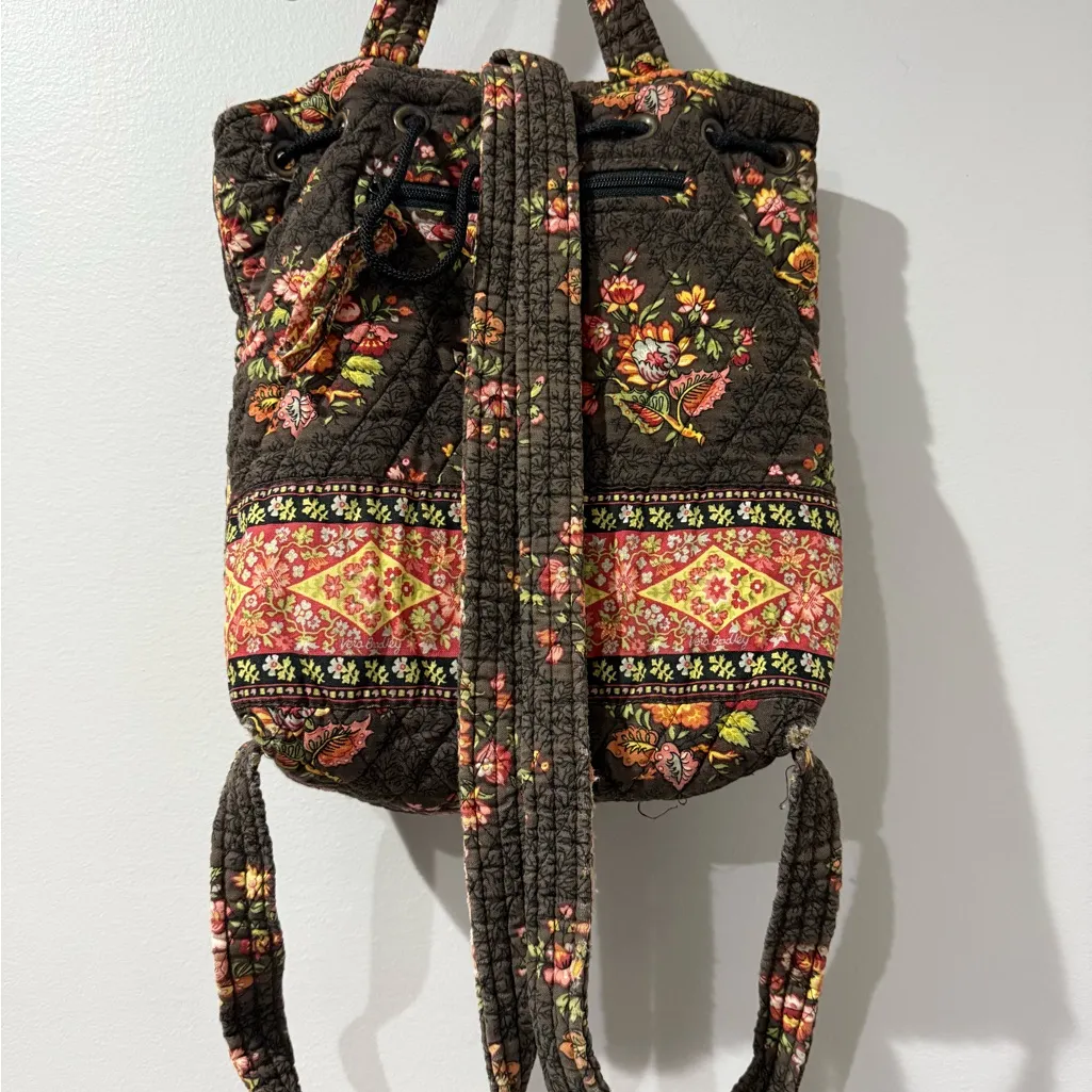 Vera Bradley Chocolate Drawstring‎ Backsack Backpack Purse RETIRED Bag Boho I Brown - Image 5