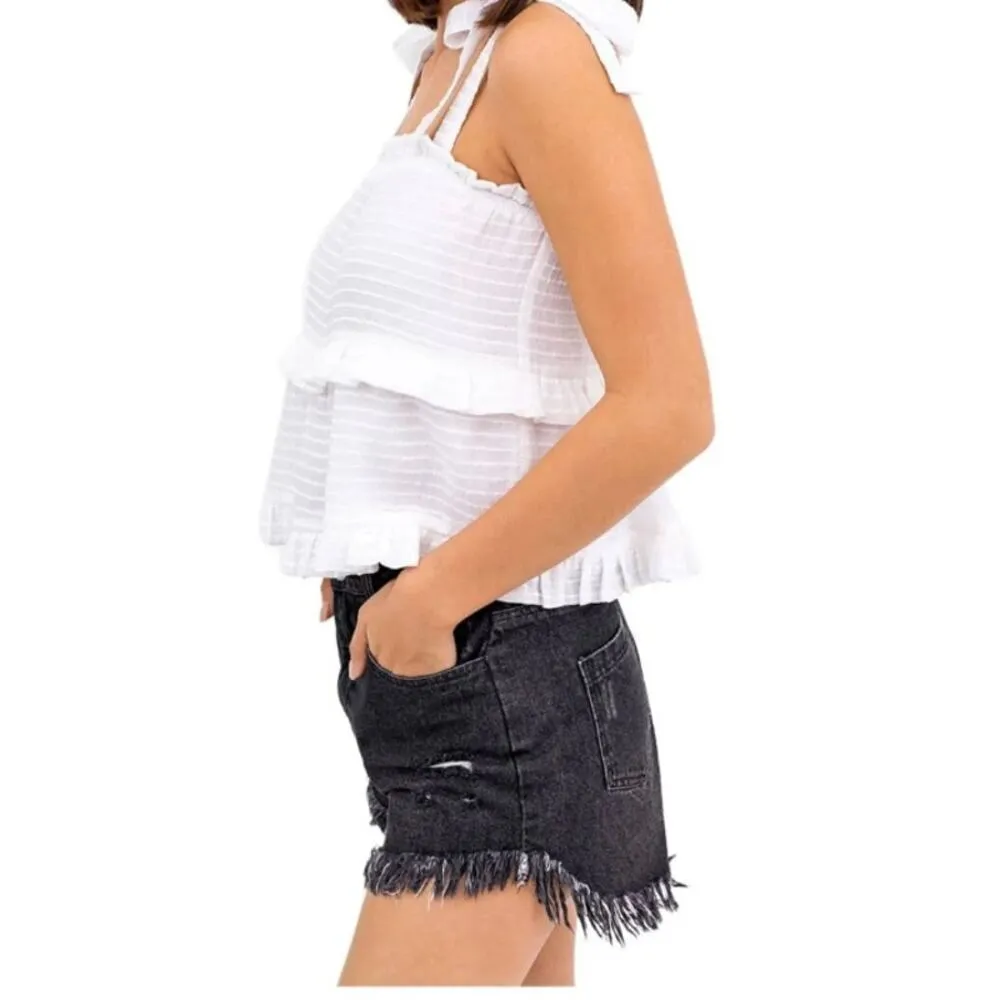 Le Lis White Ruffled Tie Tiered Lined Sleeveless Square Neck Tank Top - Image 2
