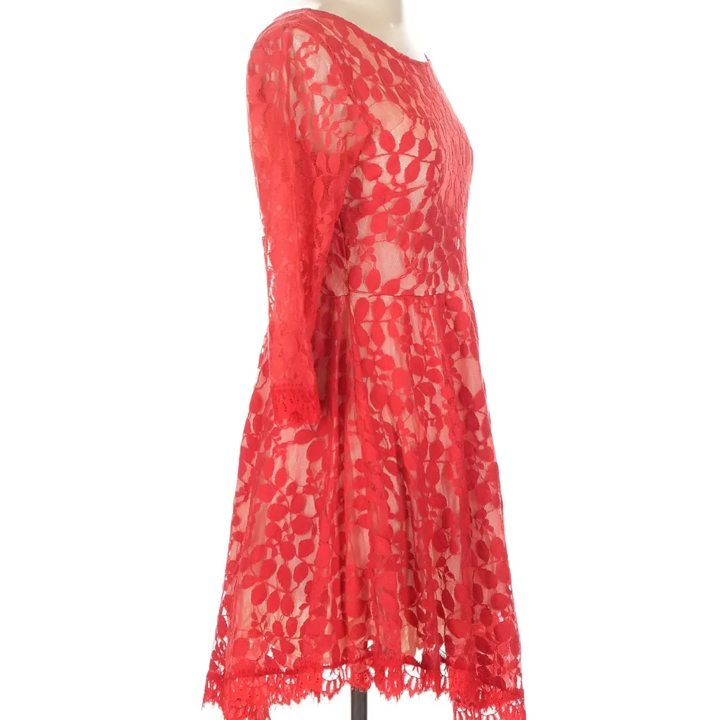 Free People Vibrant Red Lace Long Sleeve Dress - Image 4