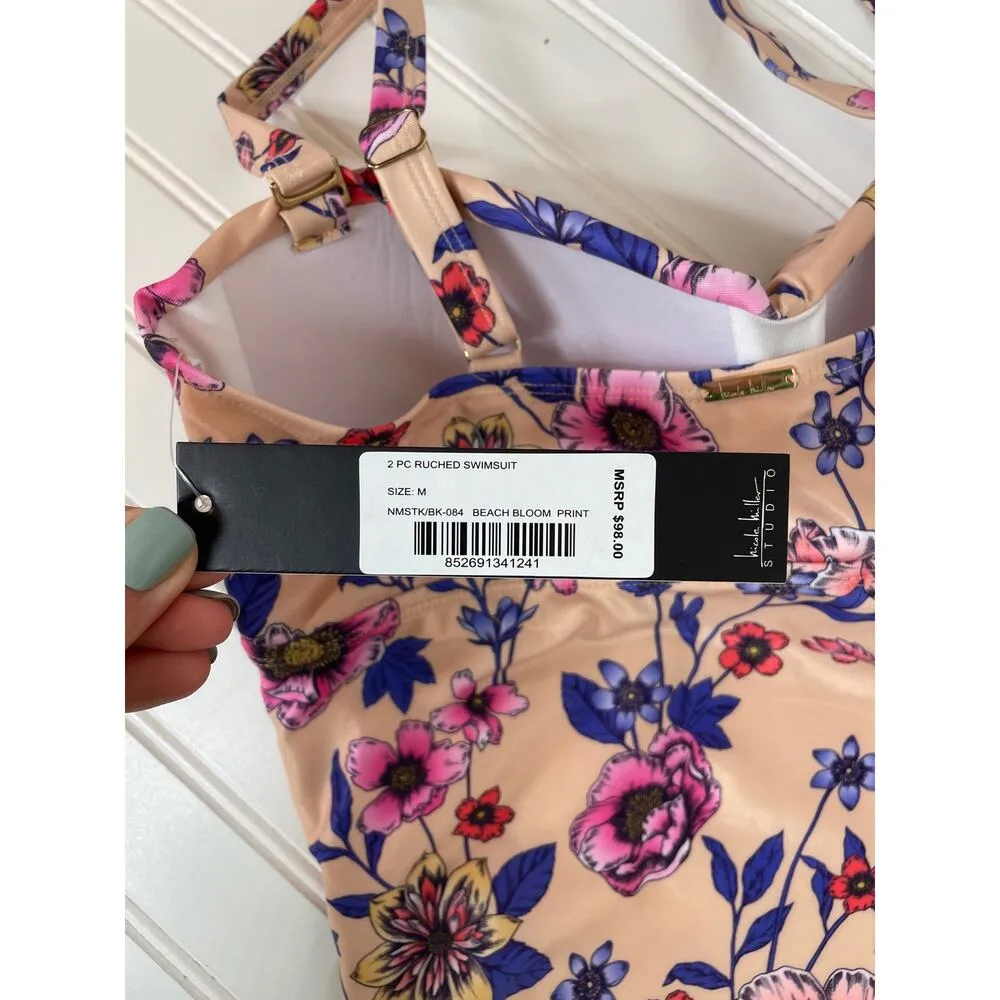 NWT Nicole Miller Tankini Ruched Swimsuit Bleach Bloom Print Paddle Surf Size M - Image 3
