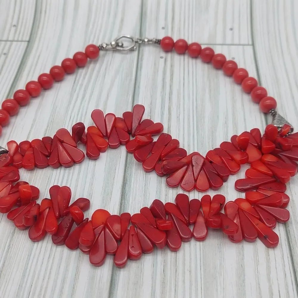 Beautiful Artisan Faux Polished Coral Collar Necklace Double Strand Teardrop 16" - Image 11