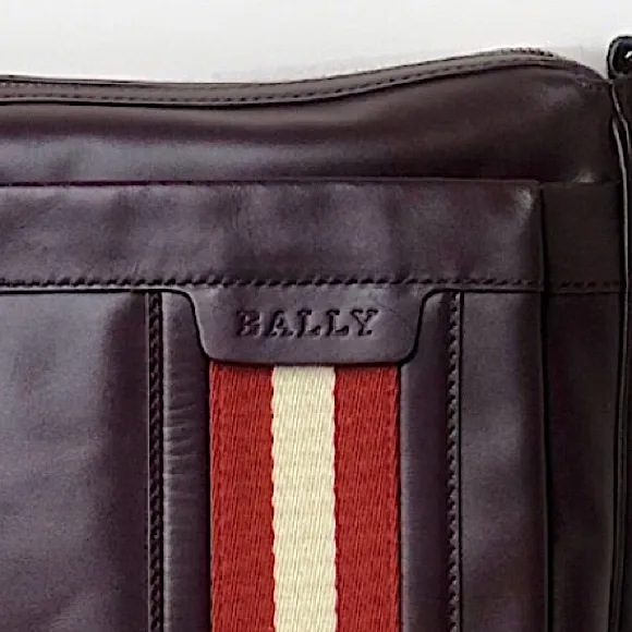 BALLY Brown Calfskin Top Zip Crossbody Messenger Shoulder Bag Striped Strap - Image 15