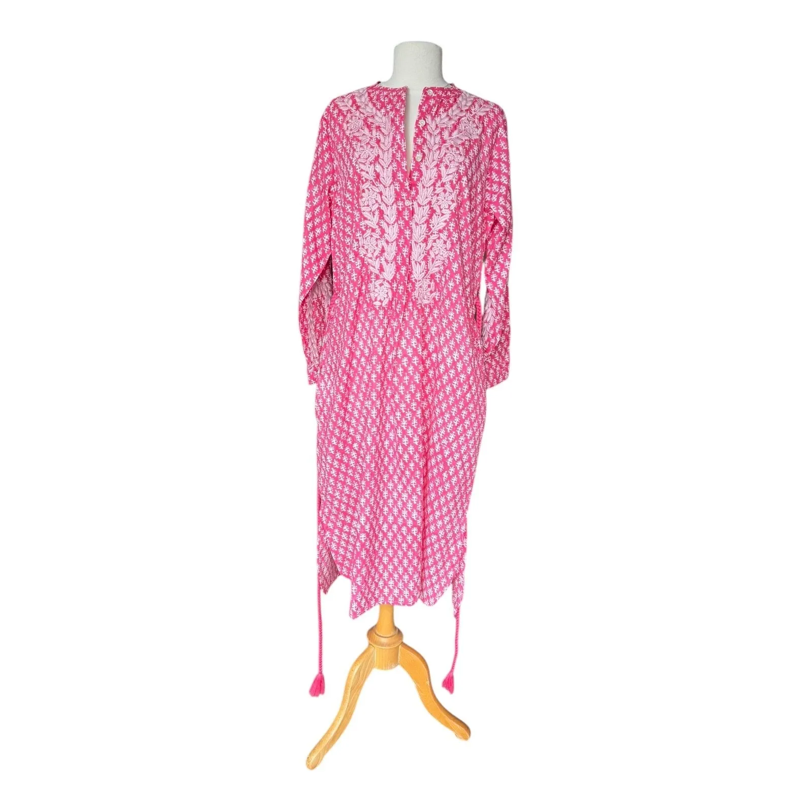 Ex Voto Ivy Caftan Midi Raspberry Block Print Embroidered Rope Belt NWT Medium Pink - Image 9