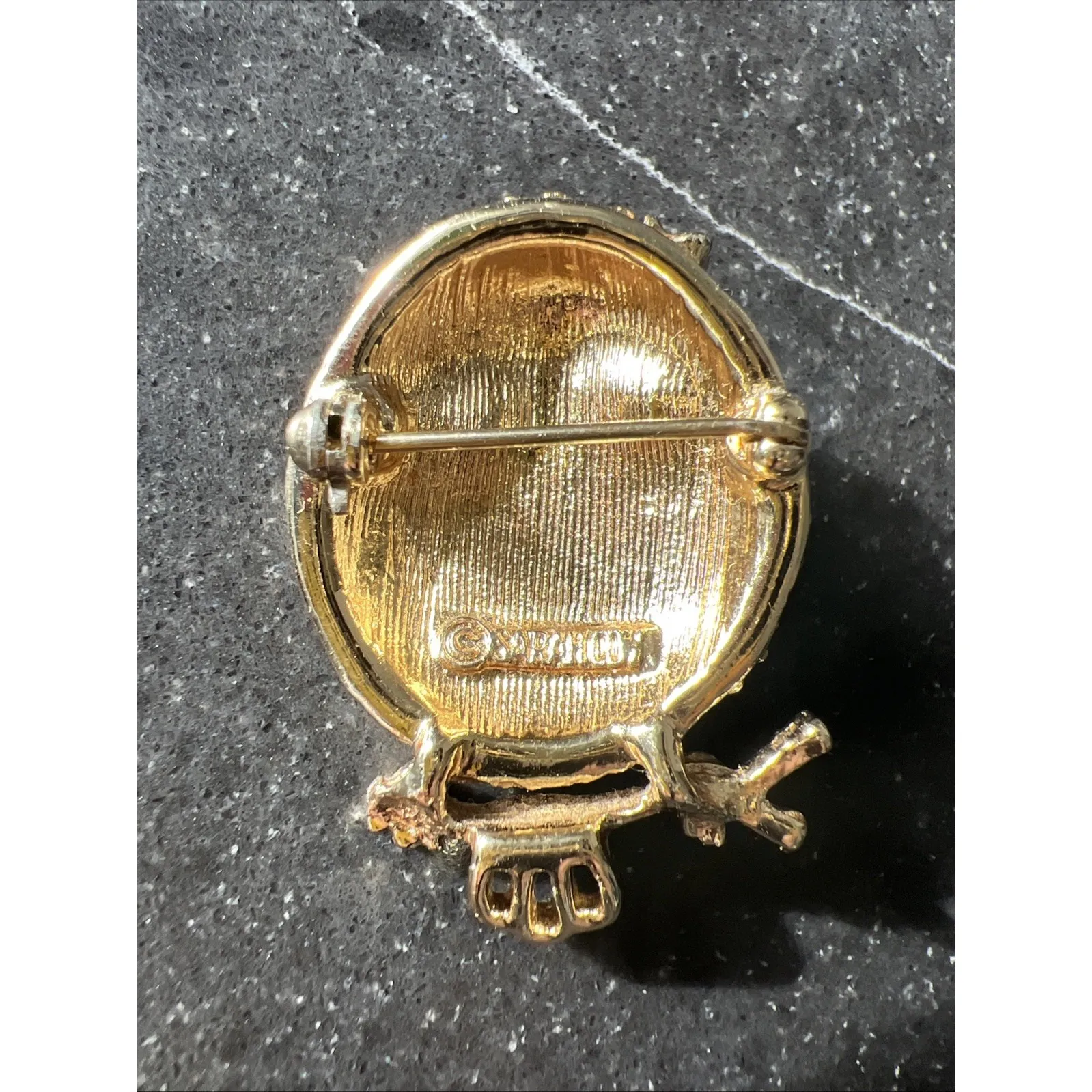 VTG 70s Owl Pin Brooch SARAH COVENTRY Gold Neon Green Rhinestones Bird Signed - Image 2