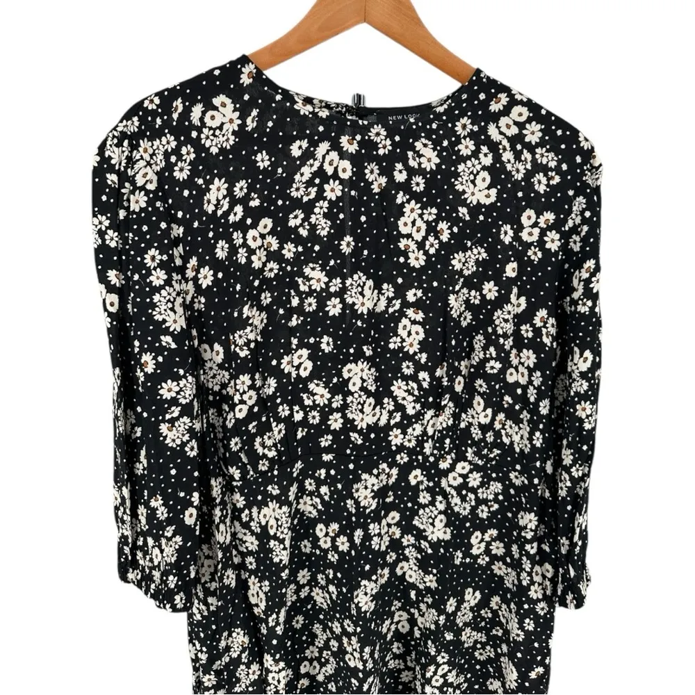 ASOS New Look Black Microfloral Daisy Midi Dress with Slit 3/4 Sleeves NWT sz 14 - Image 4