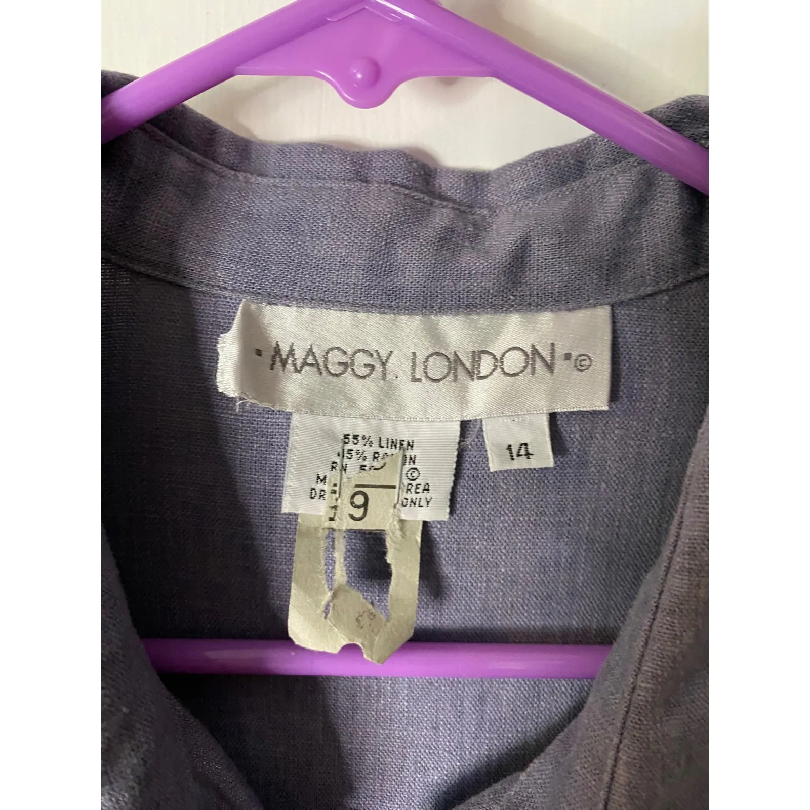 Maggy London Linen Blend Shirt Dress Button Front Pockets Purple Midi Sz 14 - Image 3