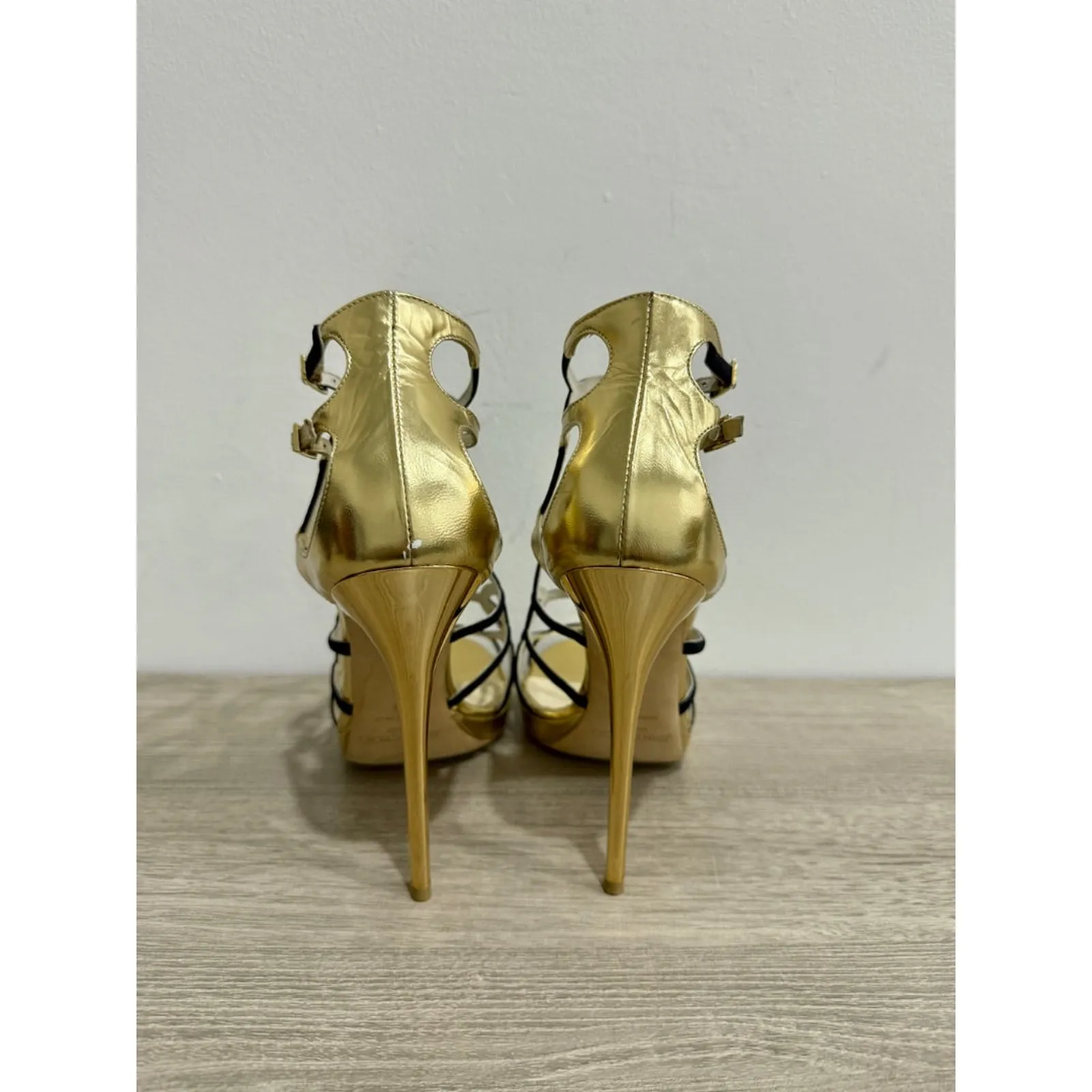 Jimmy Choo Bunting Caged Metallic Leather Strappy Heeled Sandals Black/Gold 39/9 - Image 5
