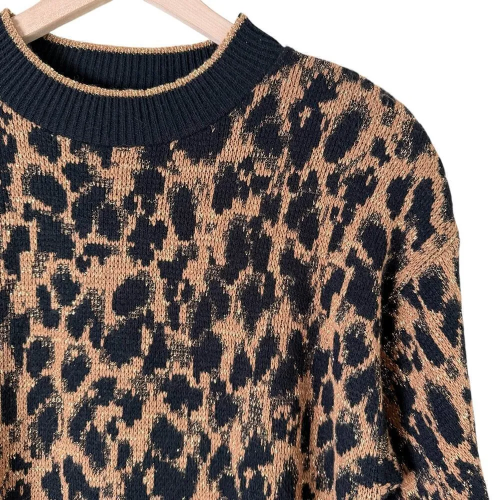 Vintage 80s Crewneck Leopard Pullover Knit Sweater Black Brown Metallic Gold, L Size L - Image 4