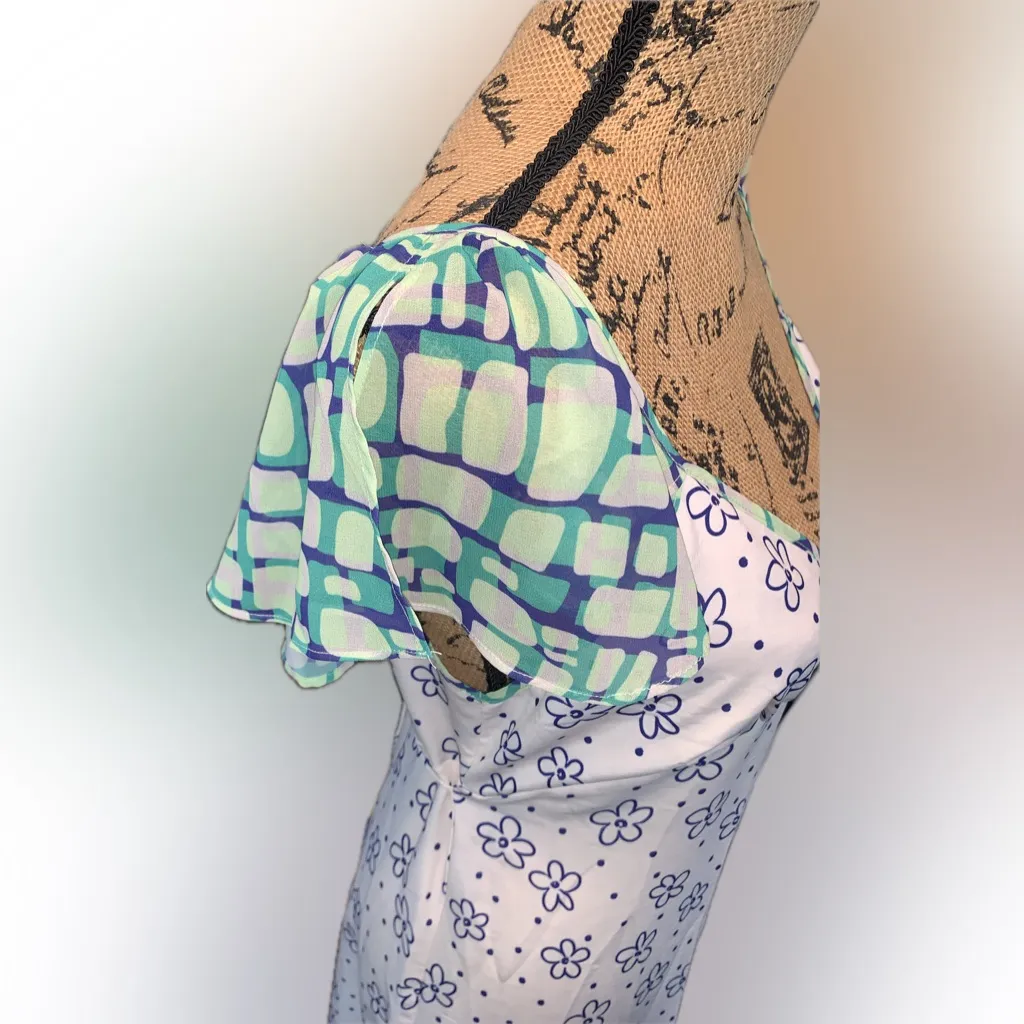 VRG GRL Ditsy Floral White Mod Slip Dress Green Flutter Shoulder Midi Dress 8 - Image 9