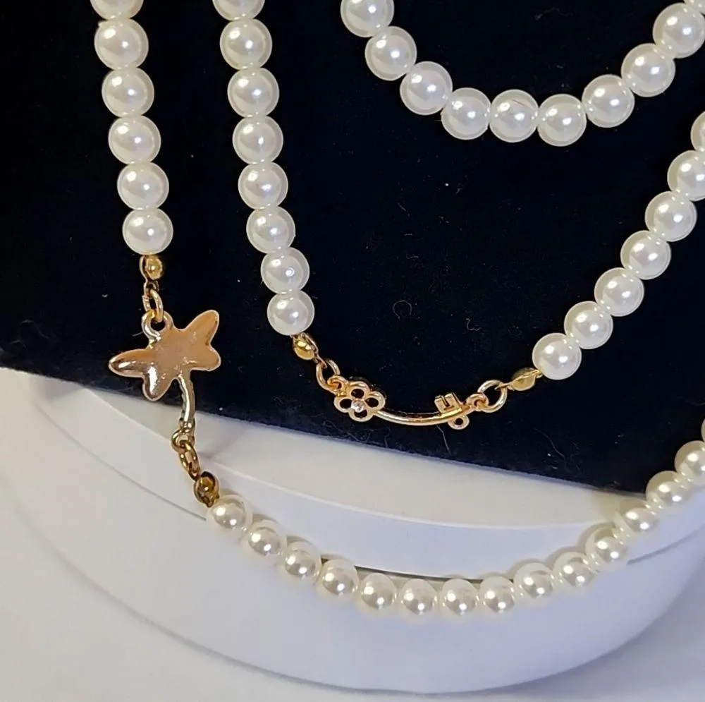 3 Strand Faux Pearl and Charms Necklace Gold - Image 4
