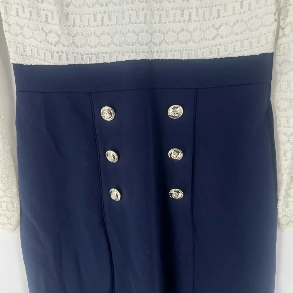 Madison Jules Size M Nautical Sailor Button Detail Long Sleeve Lace Sheath Dress - Image 6