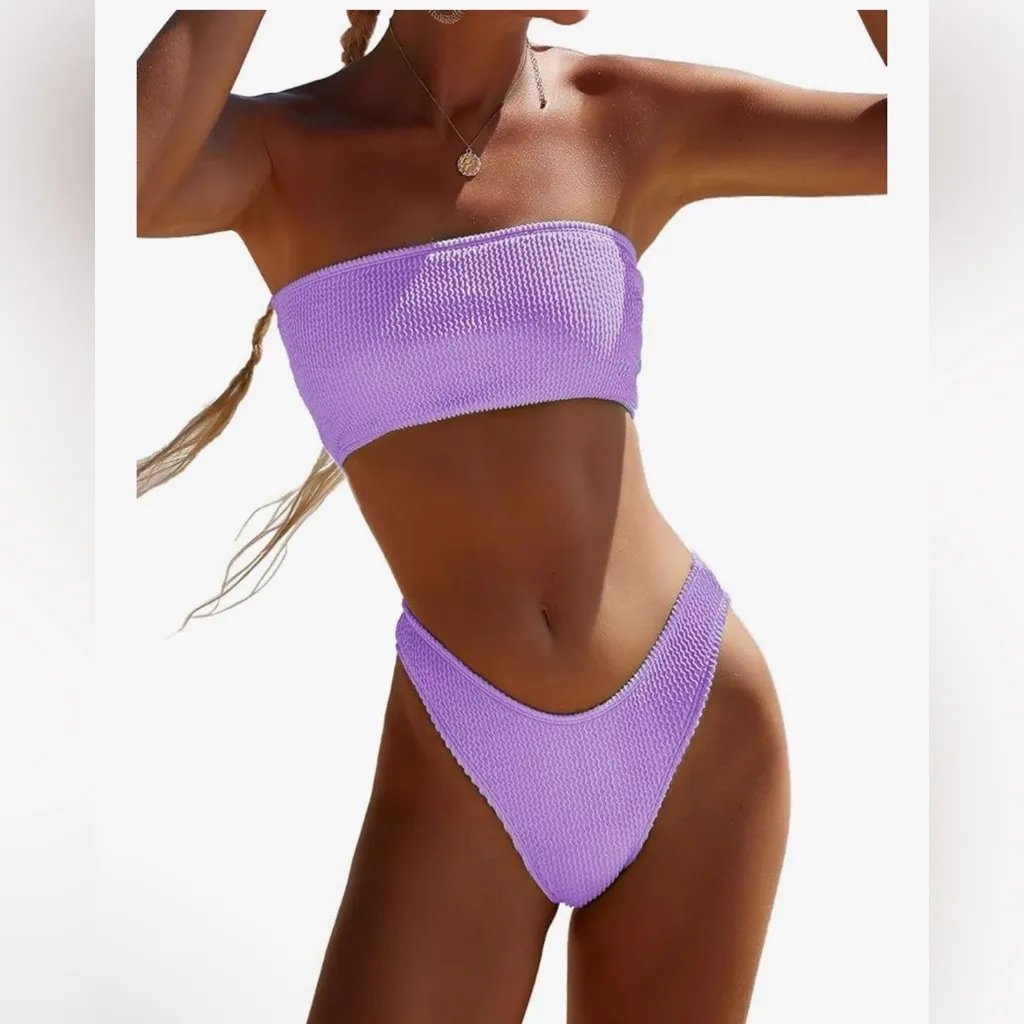 NEW Two Piece Bandeau Swimsuit Cheeky Bottom
Ribbed Strapless tube Bikini Top S Purple - Image 6
