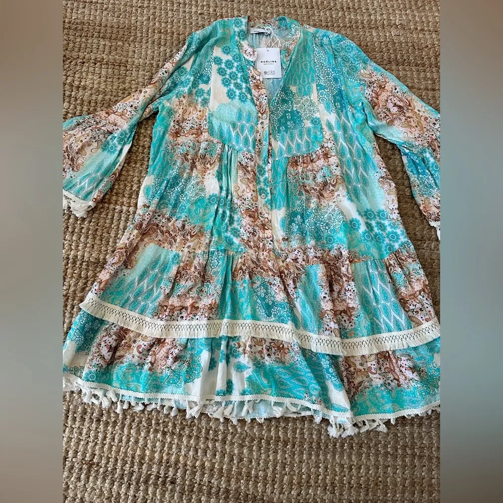 Noéline Bohemian Teal and Beige Beach Dress with Tassels NWT made in Italy Blue Size undefined - Image 4