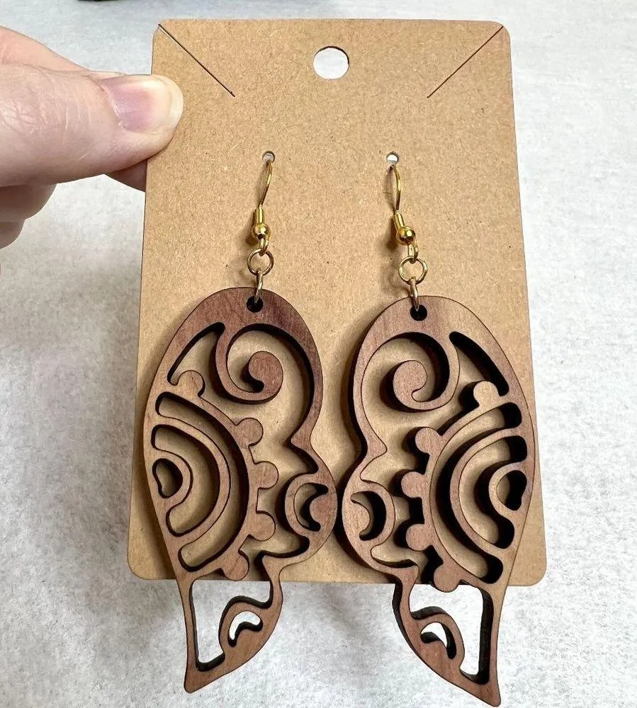 Wooden Geometric Wing Cutout Earrings - Image 2