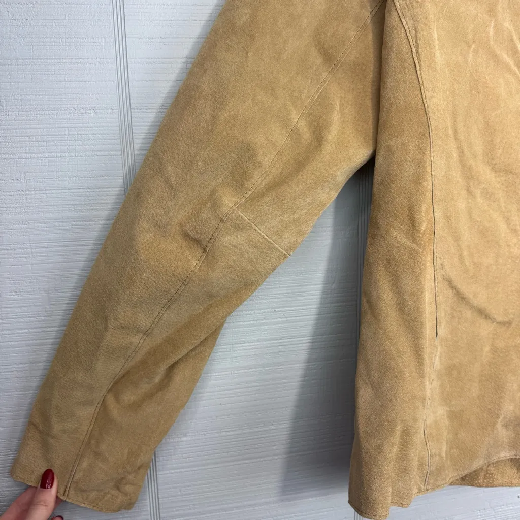 Dialogue Tan Suede Leather Jacket Leopard Print Trim 90s Y2K Size S - Image 6