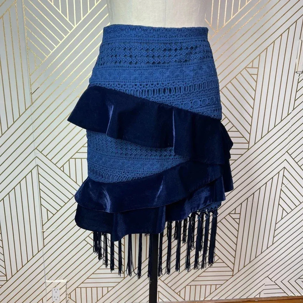 PatBo Velvet‎ Lace Crochet Fringe Brazil Skirt in Blue Navy Size US 2 - Image 3