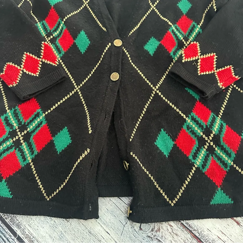 Vintage Christopher & Banks Black Cardigan with Red and Green Argyle - Image 5