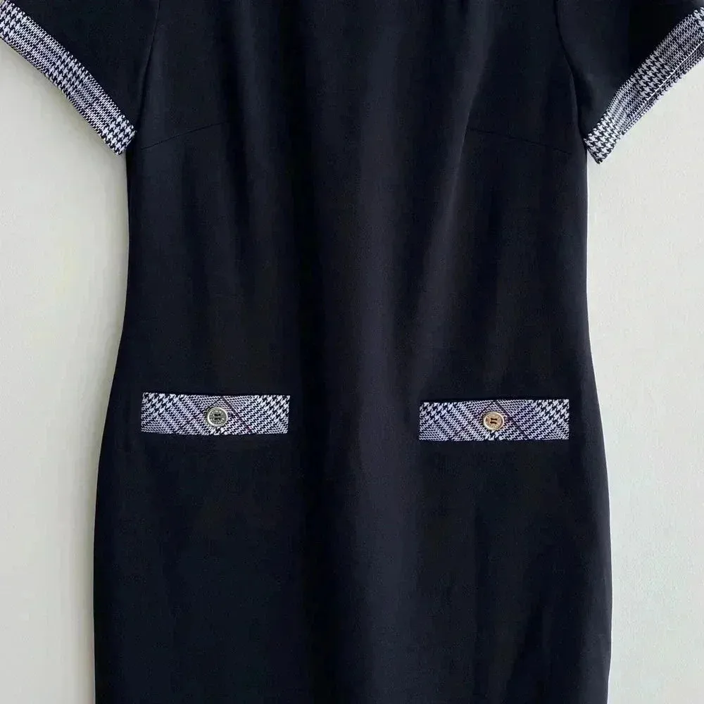 TOMMY HILFIGER Black Zippered Short Sleeve Crew Neck Mini Evening Sheath Dress - Image 5