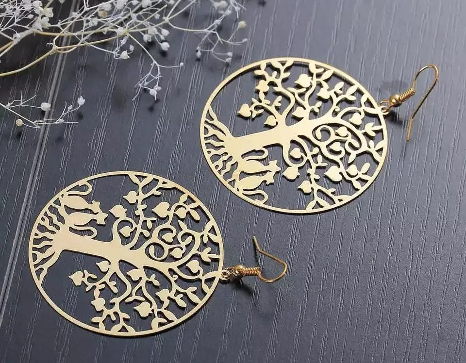 Hollow Heart Tree Kitty Cat Couple Dangle Earrings Gold - Image 3