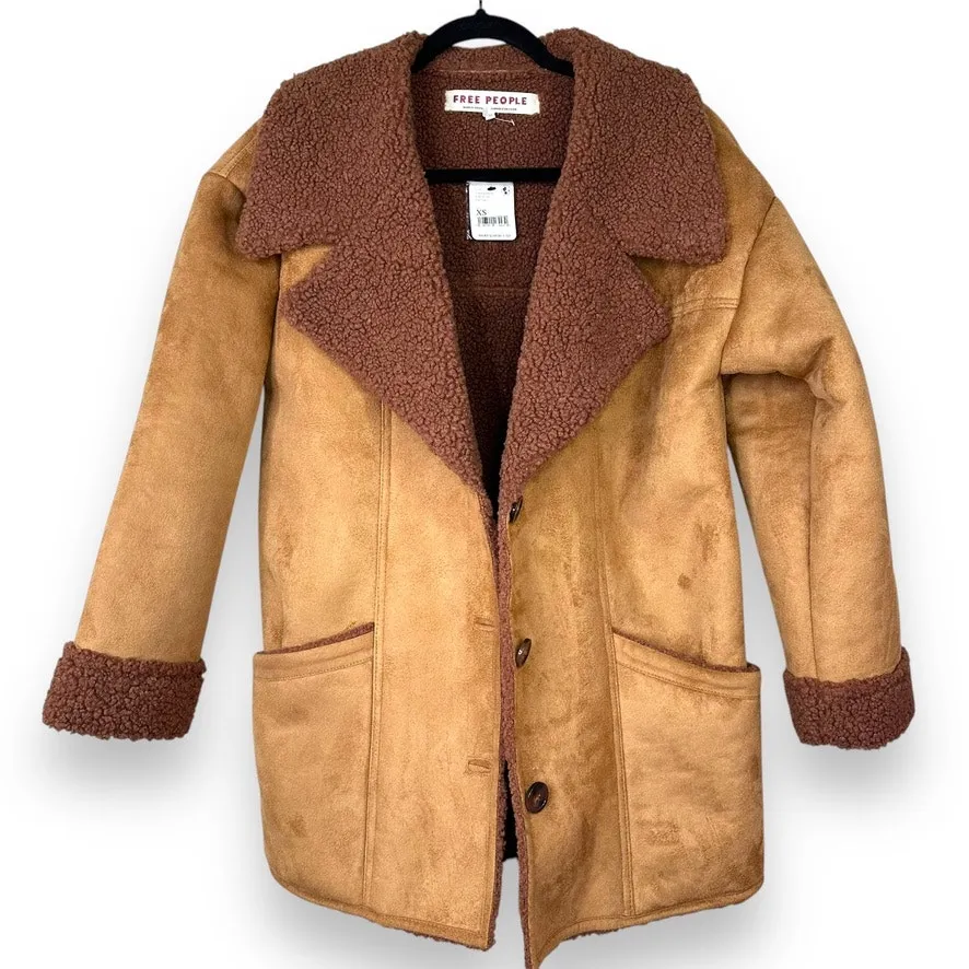 Free People NWT Diogo Toasted Almond Brown Sherpa Faux Suede Relaxed Fit Coat - Image 2