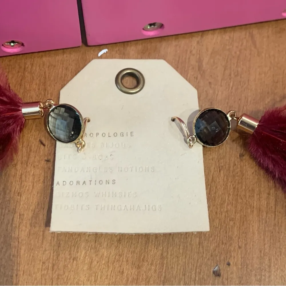 Anthropologie Drop Pierced Dark Red Feather Earrings With Enamel Gemstone Charm - Image 5