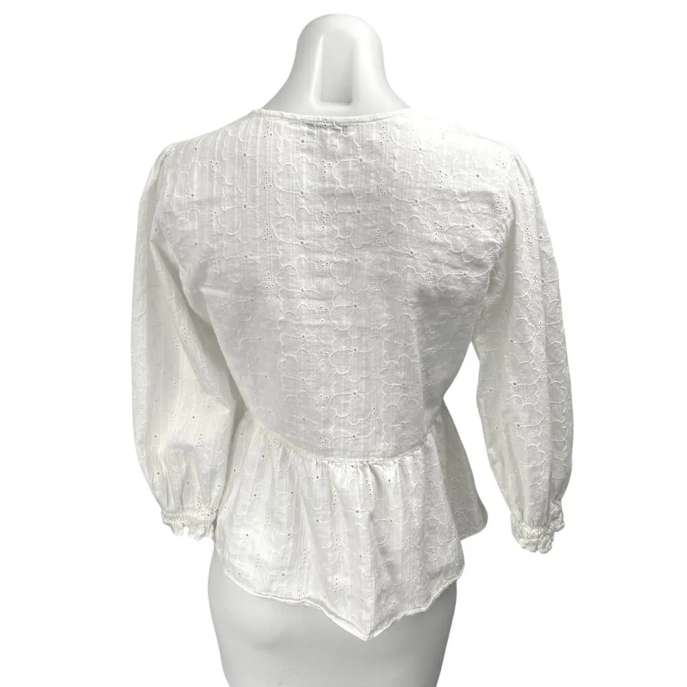 Madewell White Floral Embroidered Eyelet Balloon Puff Sleeve Peplum Blouse Top M - Image 2