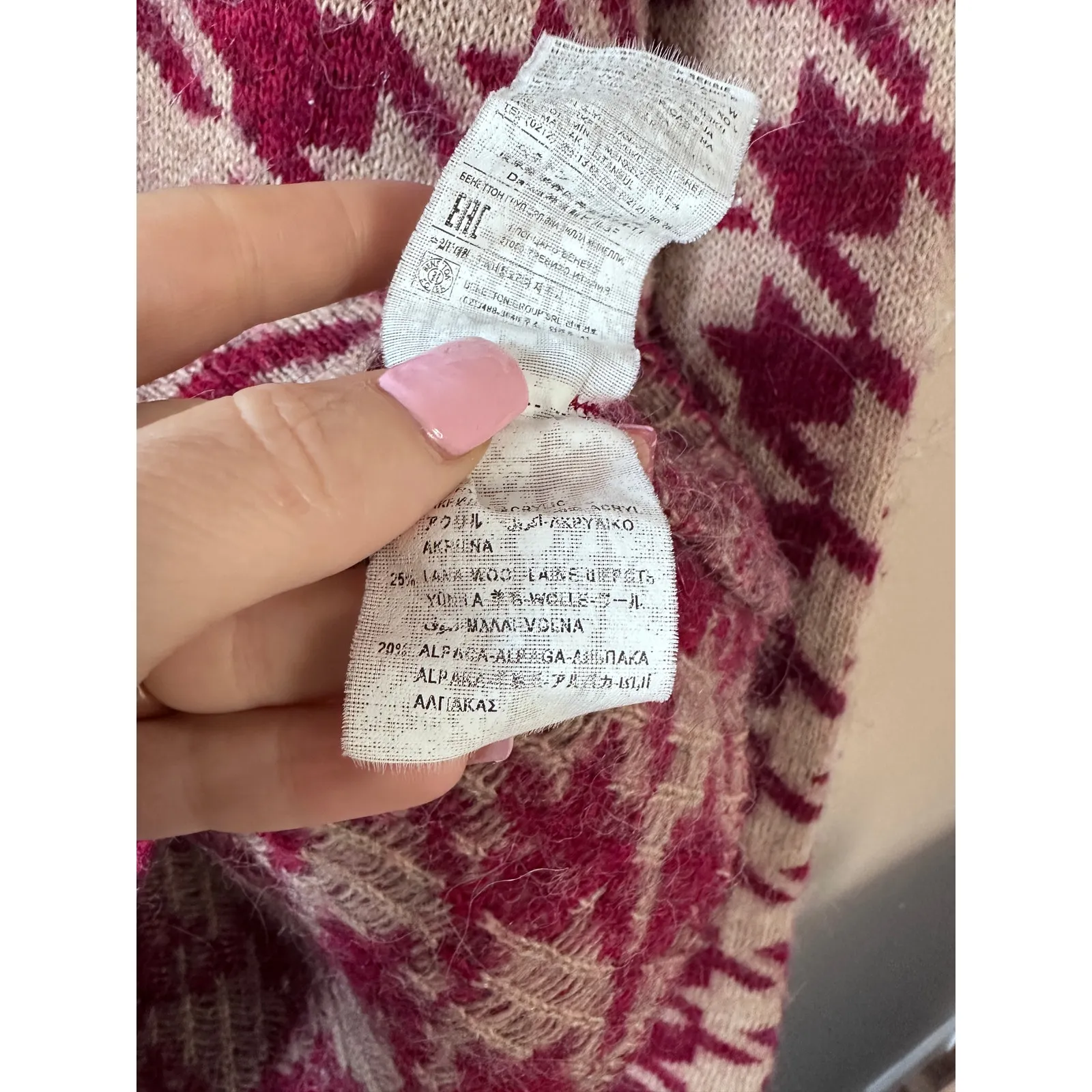 United Colors of Benetton Red White Houndstooth Wool Alpaca Crewneck Sweater - Image 5