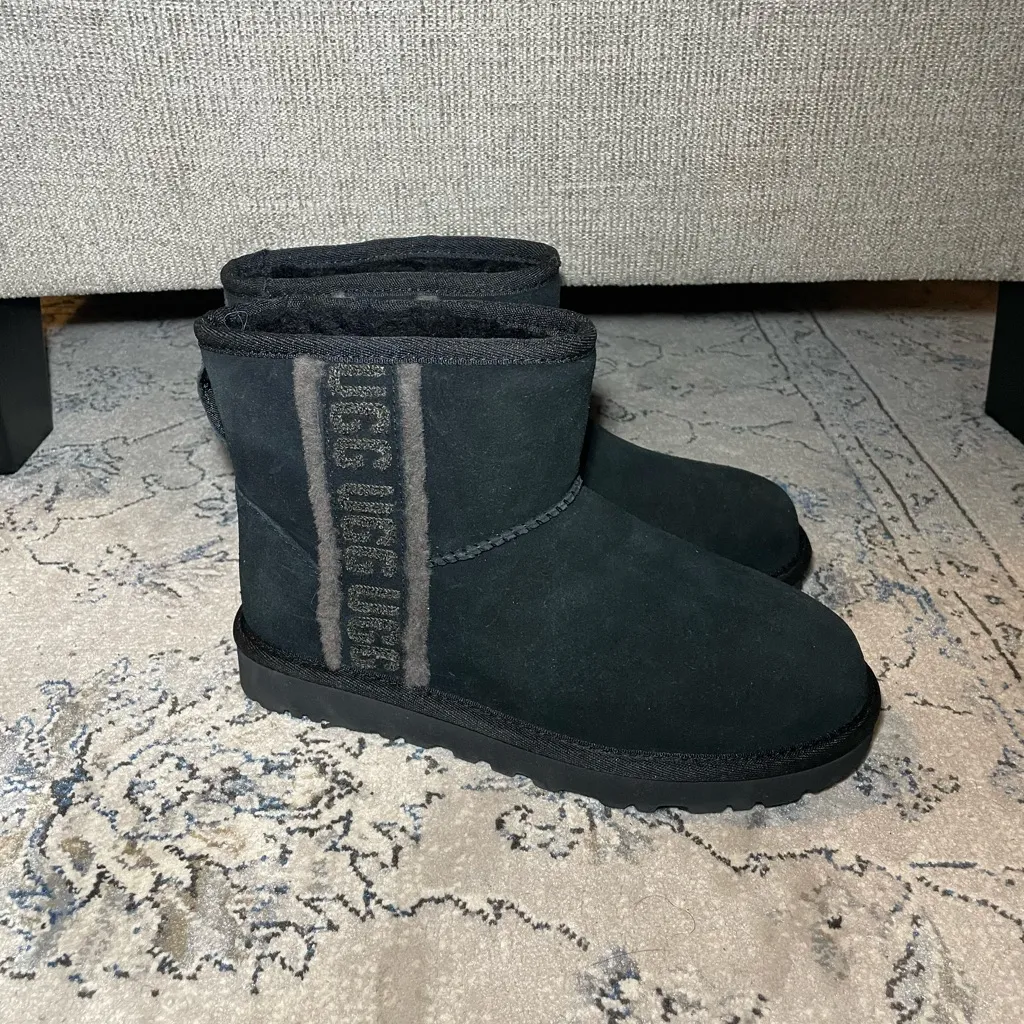 UGG Classic Mini Shearling Logo Black Suede Ankle Women’s Boots - Image 2