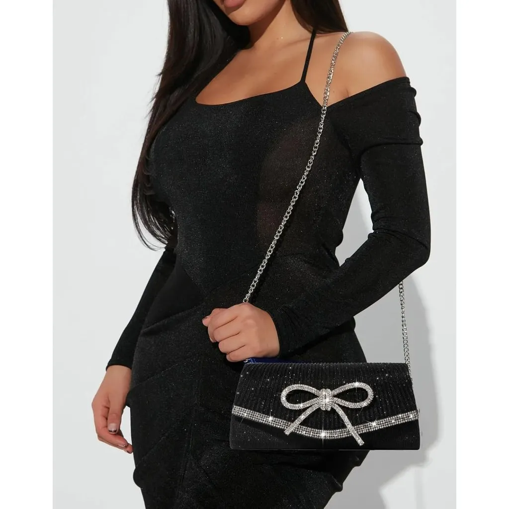 ⚡ Women's Black Bow Sparkly Glitter Evening Rhinestone Party Prom Clutch Bag - Image 2