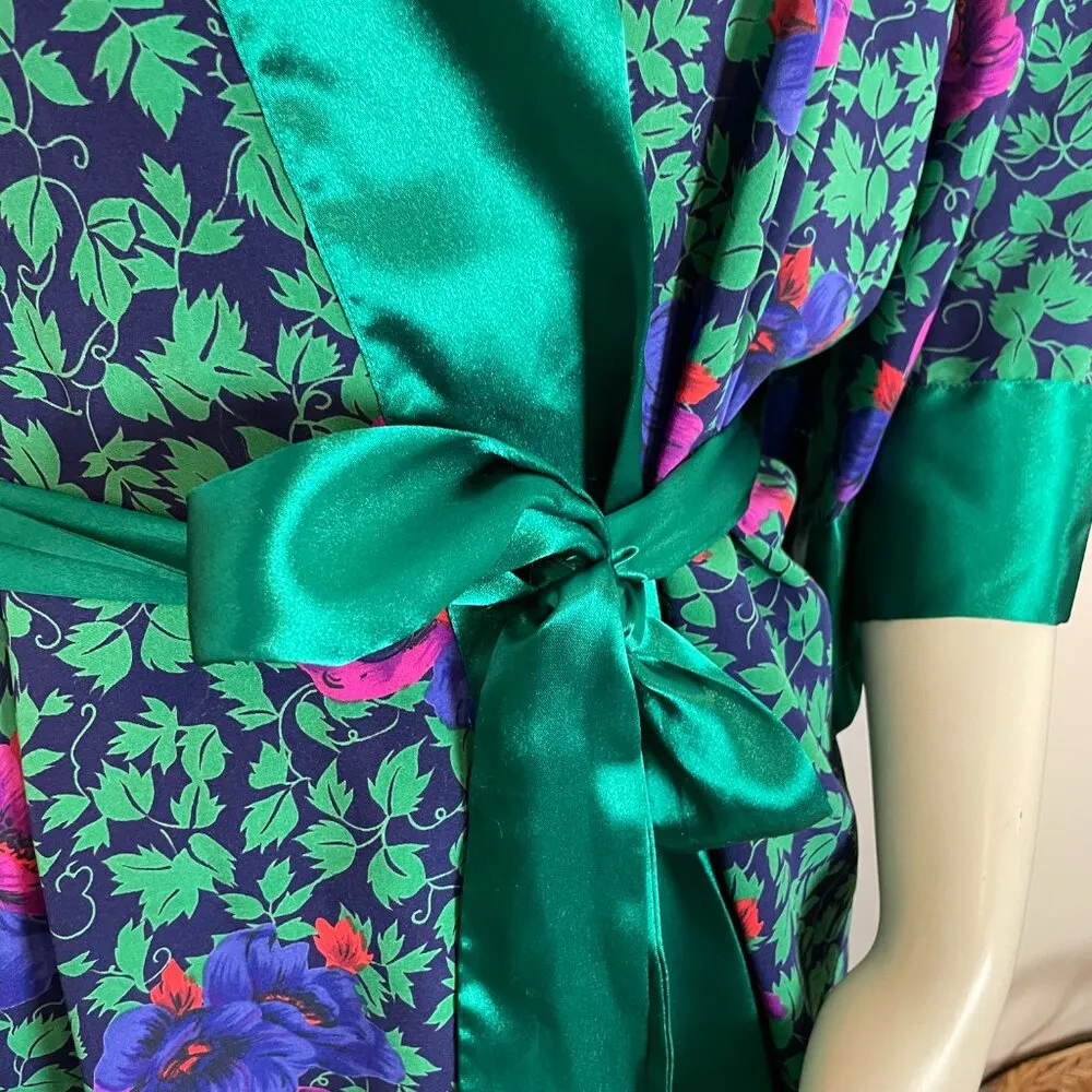 Vintage 90s Victoria's Secret Robe Floral Gold Label One Size Green Purple Silky - Image 13