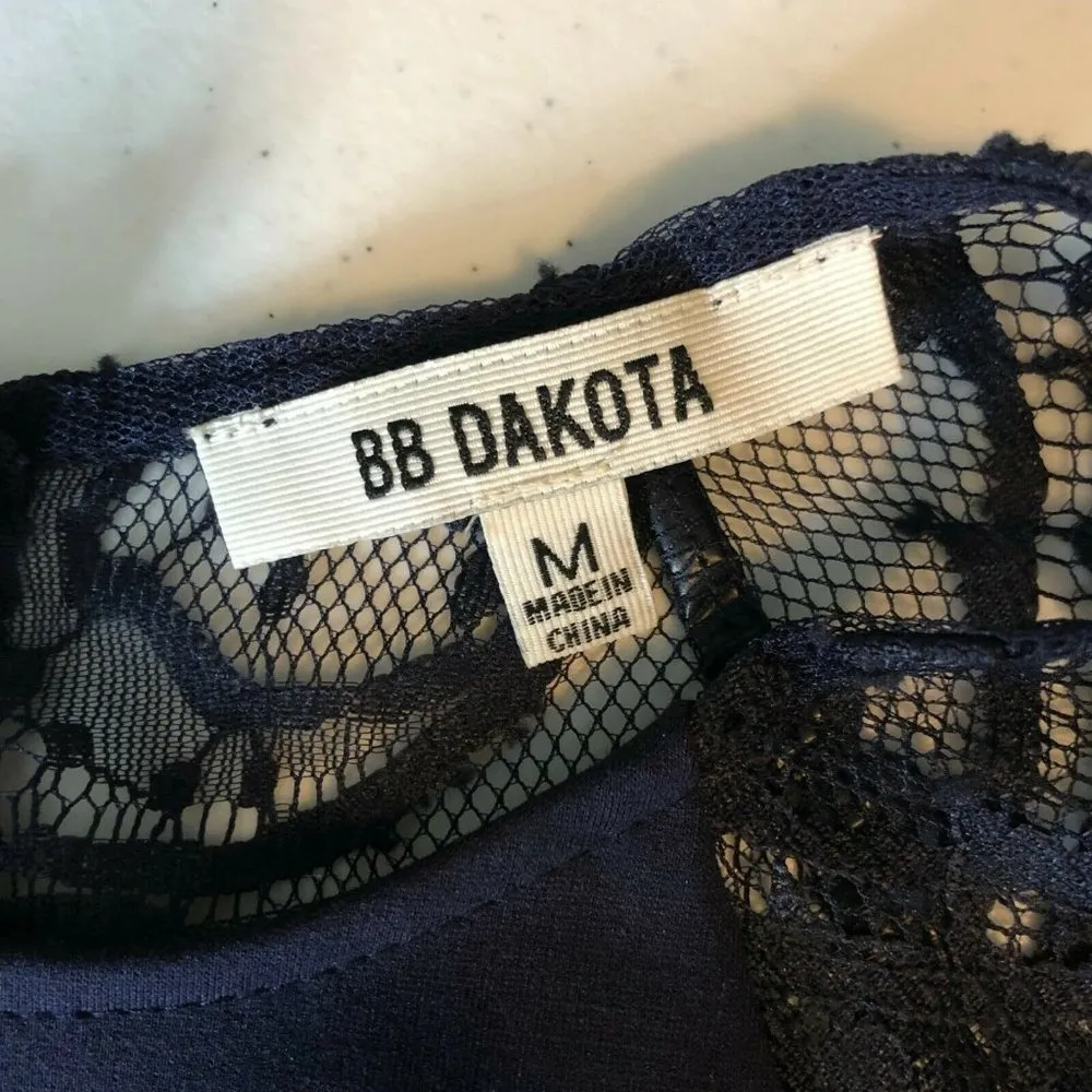 BB Dakota Mini Dress Lace Sheer Back A Line 3/4 Sleeve Navy Blue Size M - Image 3