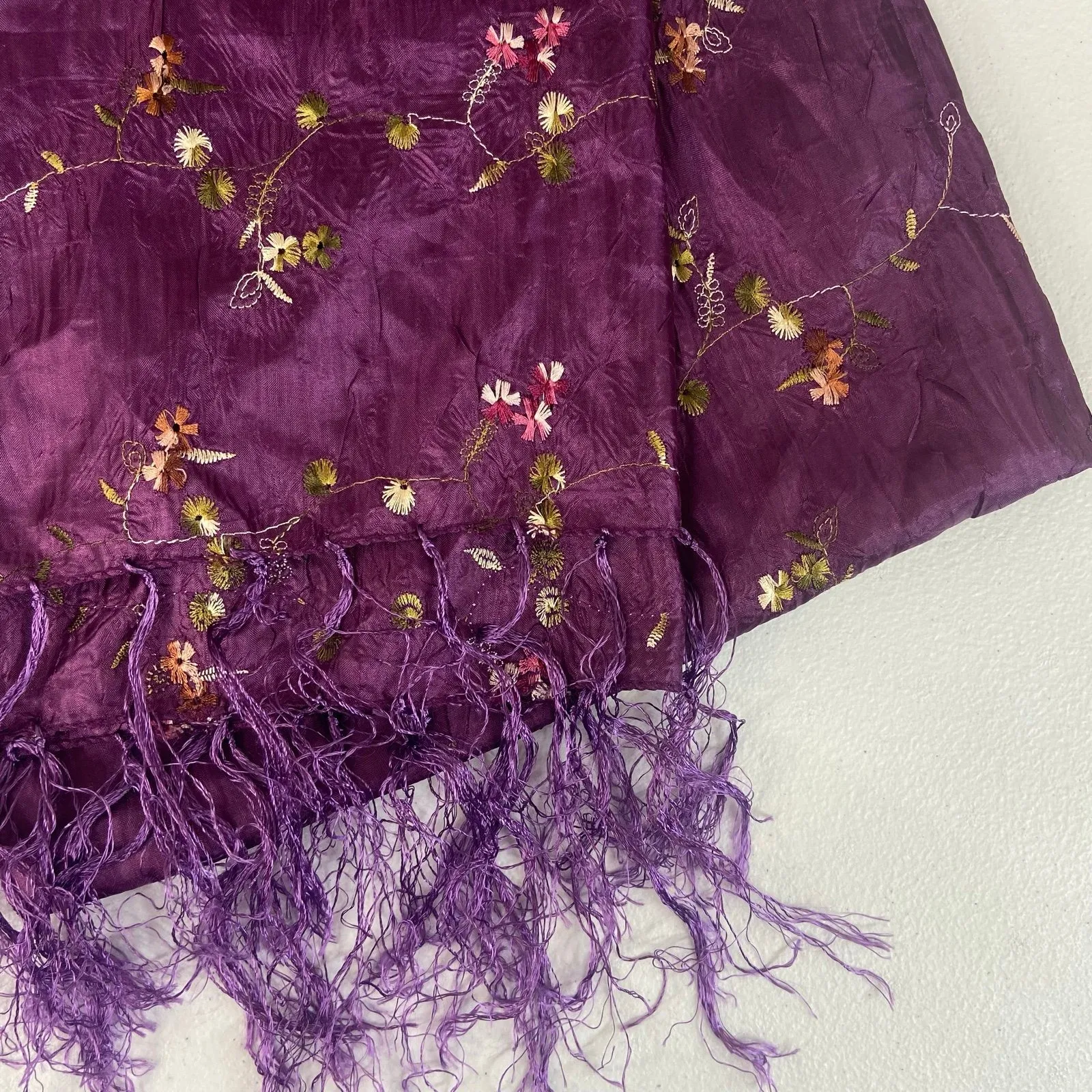 Adult dark purple embroidered floral tassel fringe silk scarf wrap lightweight - Image 2