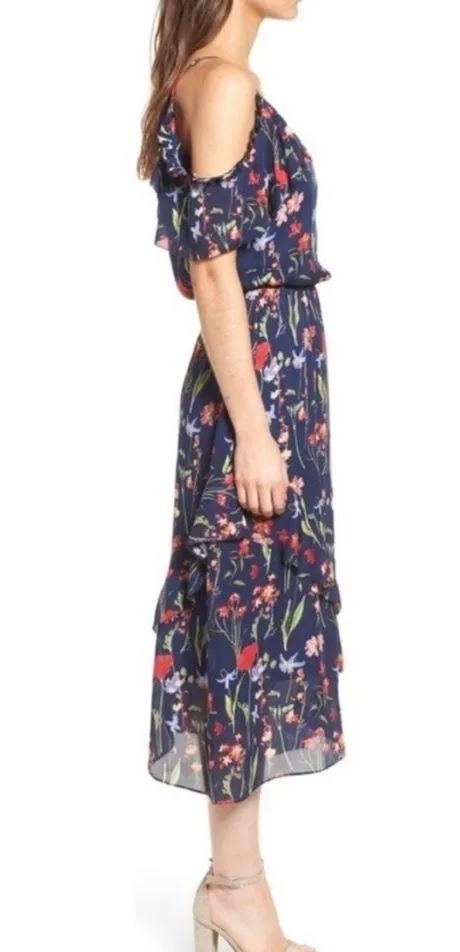 Parker Kam Midi Silk Dress Gardenia Floral Cold Shoulder Ruffle Small - Image 4