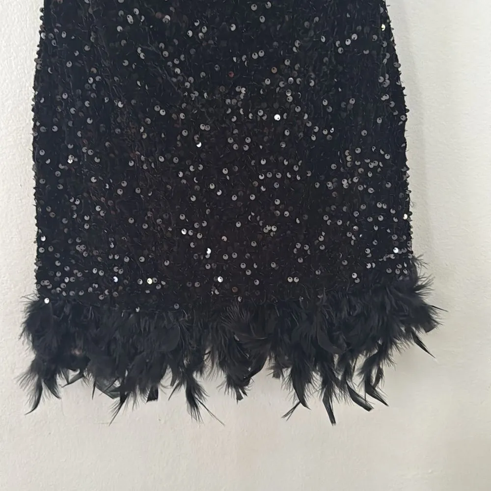 Off Shoulder Sequin Feather Mini Dress Flaxmaker NWOT Black Size M - Image 3