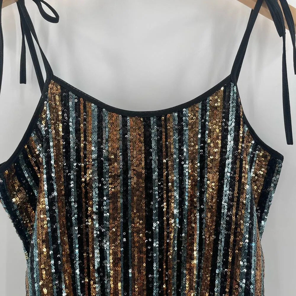 SAY WHAT? Sequin Tank Size Medium Stripe Button Back Tie Straps Open Back Party - Image 9