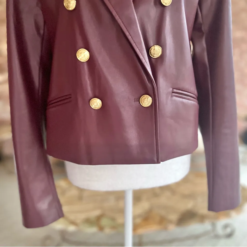 WHBM Jacket NWT Faux Leather Double Breasted Windsor Wine Chic Glam Vegan Crop M - Image 6