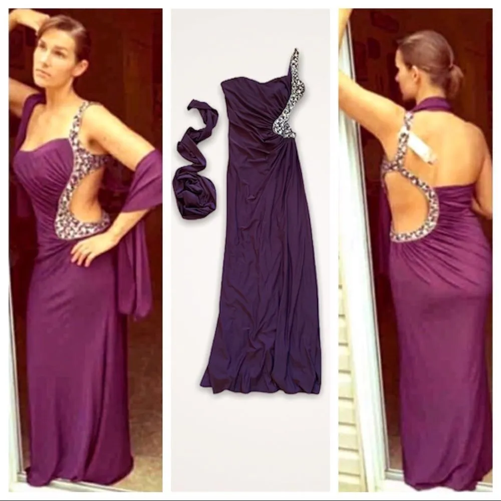 Evening Dress 1 Shoulder Gown Purple Beaded Cutout Embellished NEW - Image 2