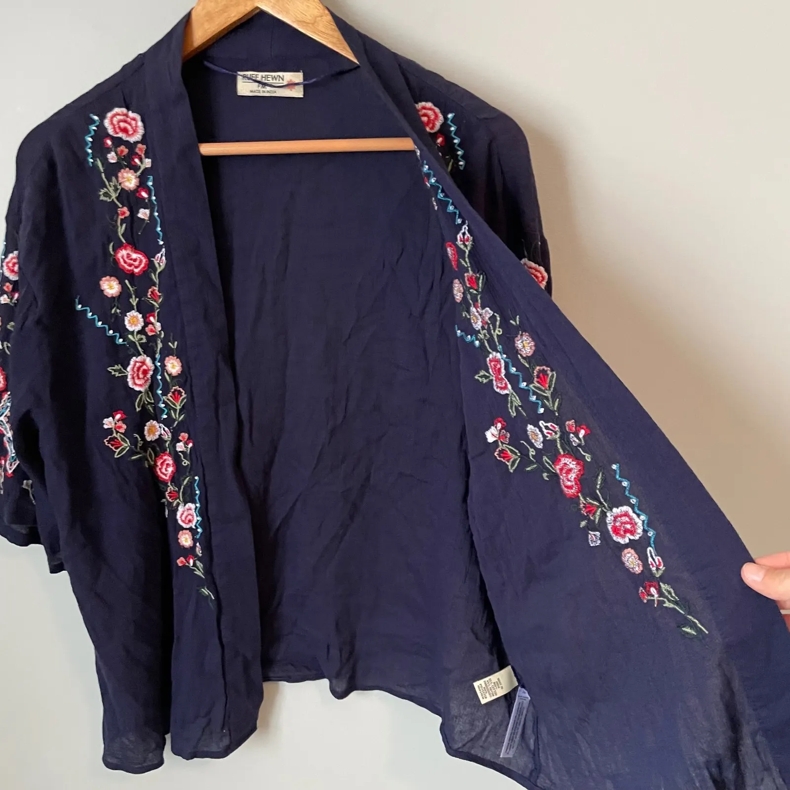 Ruff Hewn Navy Blue Embroidered Jacket Cardigan Boho Eclectic Size Petite M - Image 5