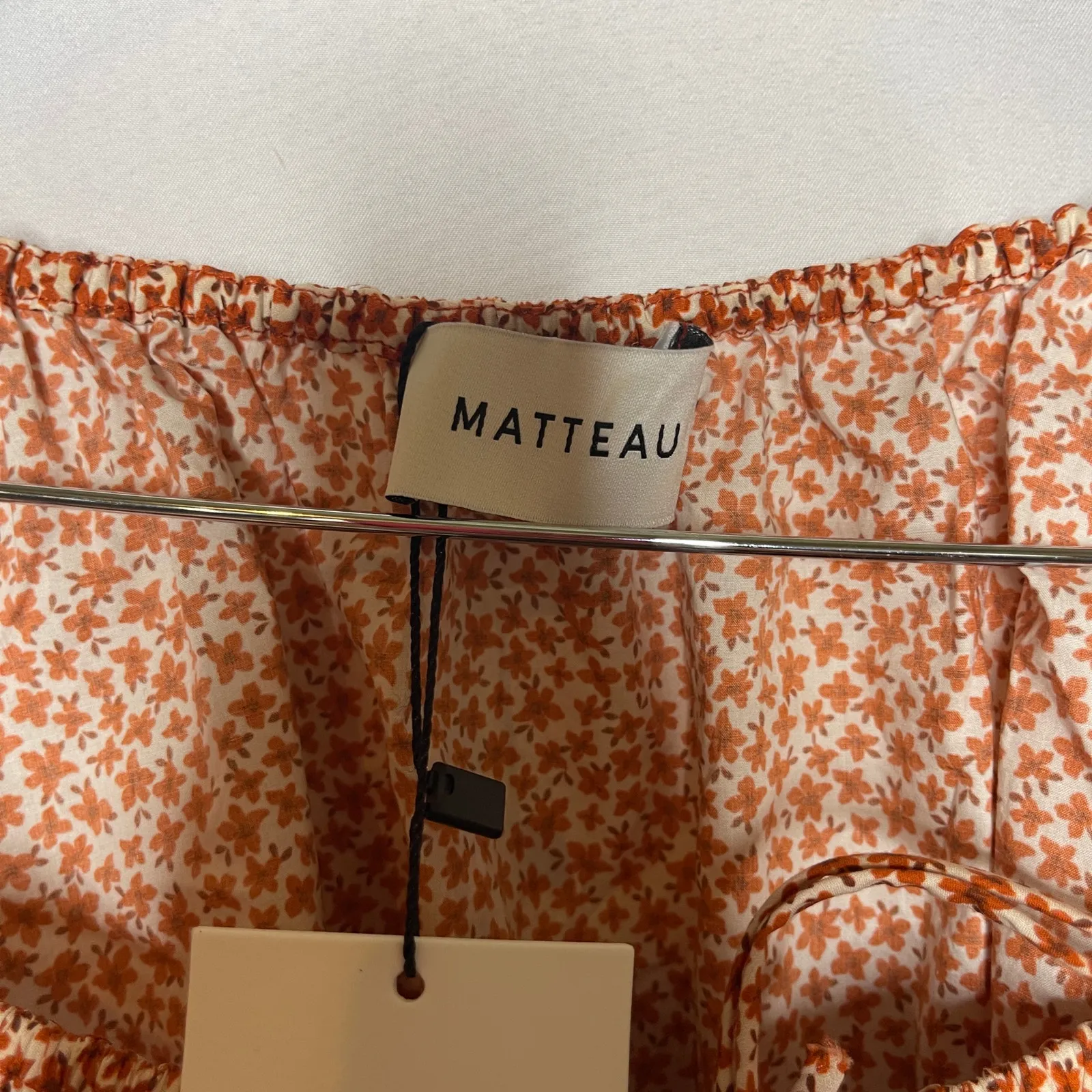 New MATTEAU Shirred Floral Crop Decollete Blouse ballon sleeves Sz 4 Orange - Image 3