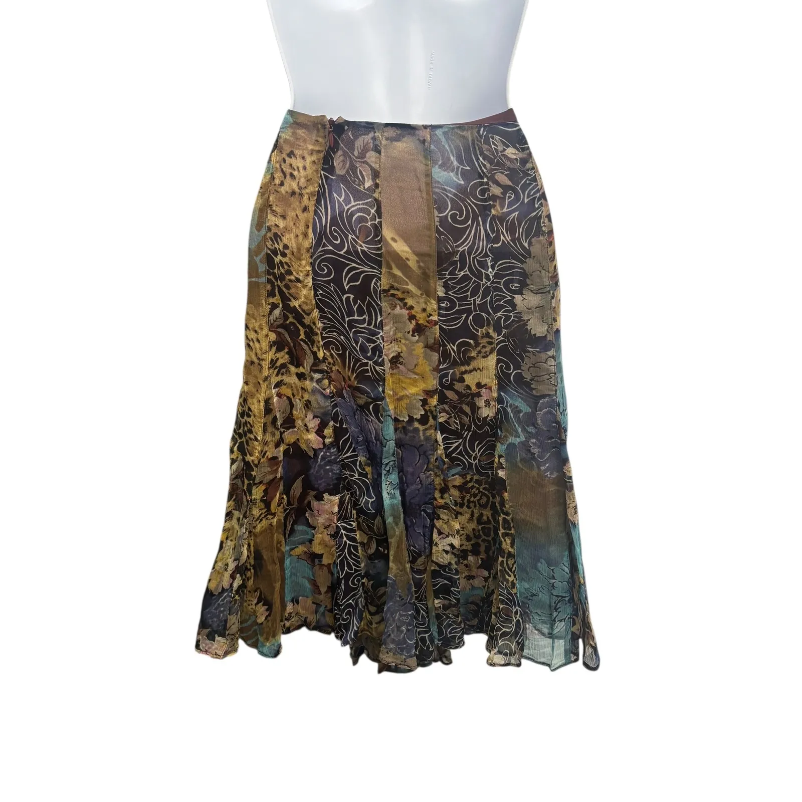 ICE XL Silk Patchwork Floral Leopard Print Midi Skirt Women Flare Bohemian Y2K Brown - Image 2