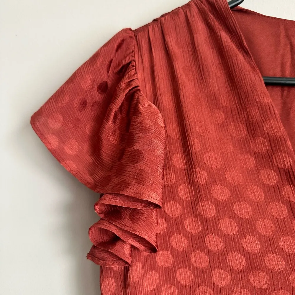 Polka Dot Pleated Satin Midi Dress Brown/ Rust EUC - Image 3