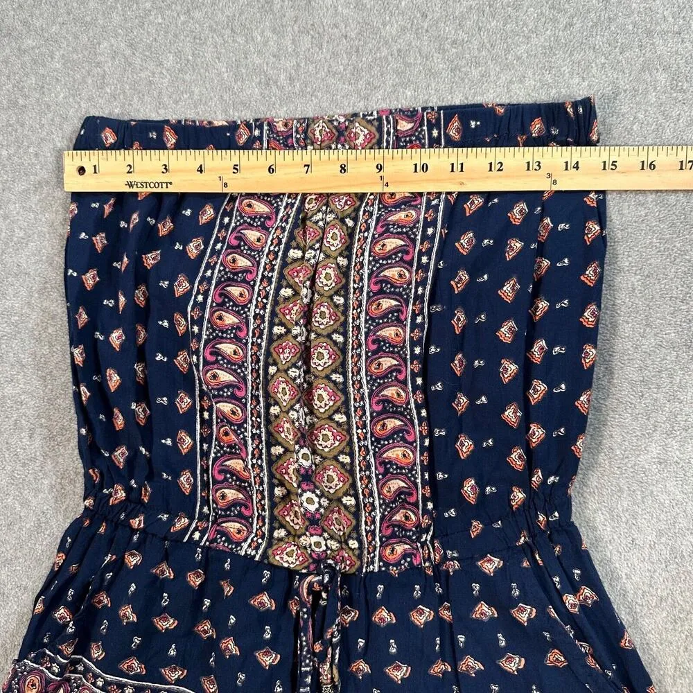 Angie Strapless Romper Size Small Navy Blue Paisley Gathered Waist Festival Boho - Image 7