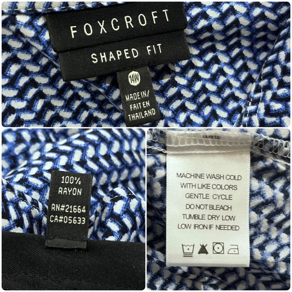 Foxcroft Shaped Fit Blue Geometric Print Rayon Button Down Shirt Size 14 - Image 9