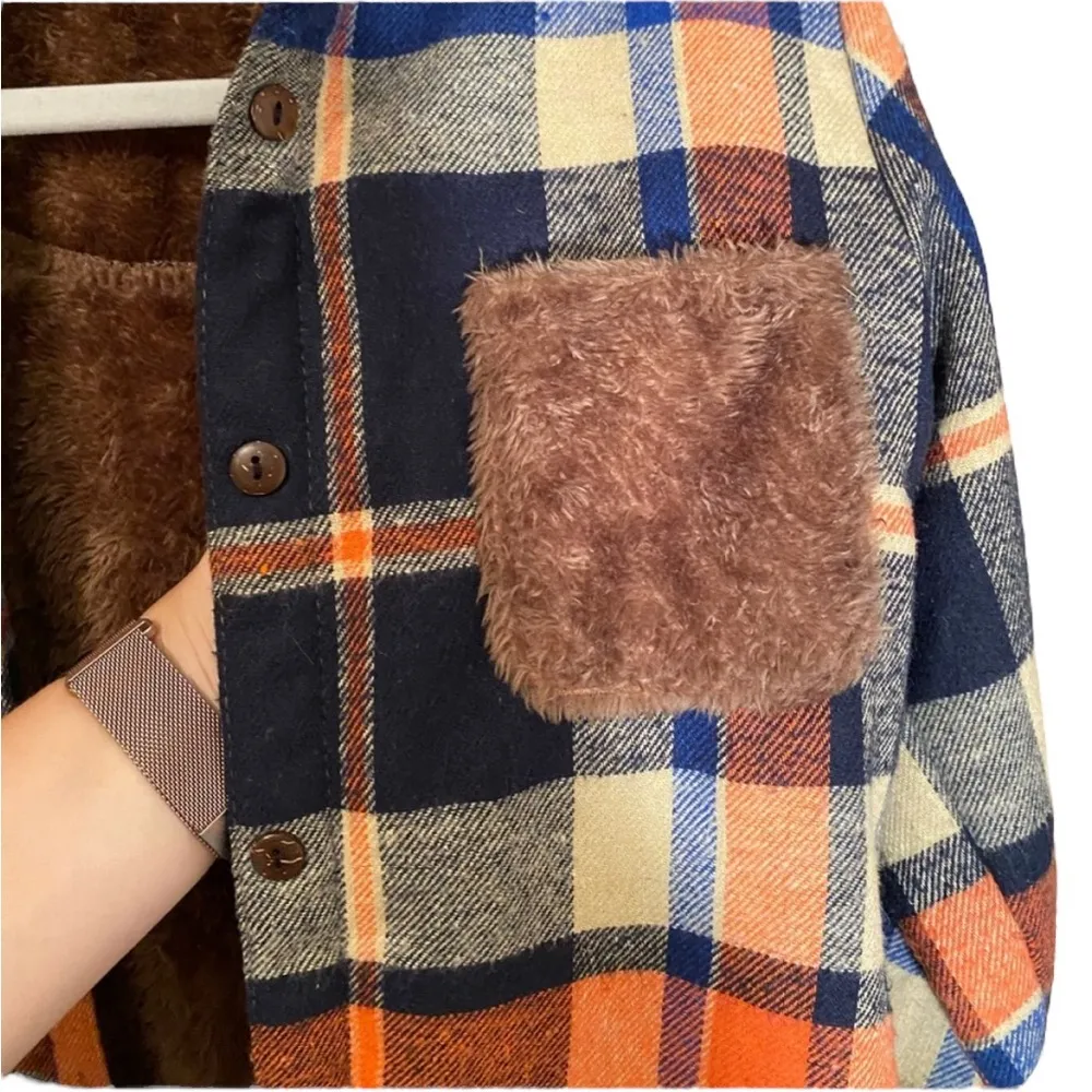 Brown Fuzzy Orange Plaid Flannel Jacket Women’s Size Small Warm Button Down Coat - Image 2