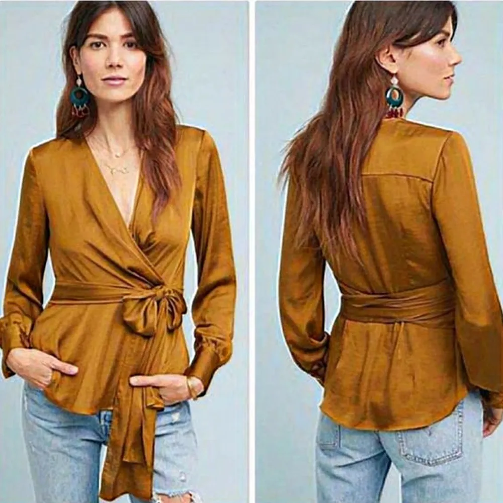 Anthropologie x Moulinette Soeurs Brynn Drapey Satin Faux Wrap Tie Brown Blouse - Image 9