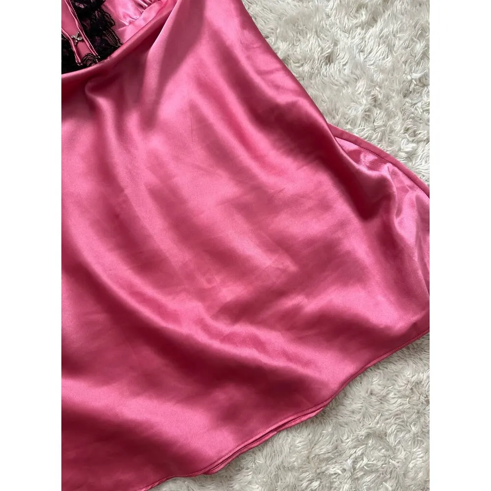 Vintage Flora Nikrooz Pink Satin Black Lace Rhinestone Mini Slip Dress Chemise - Image 6
