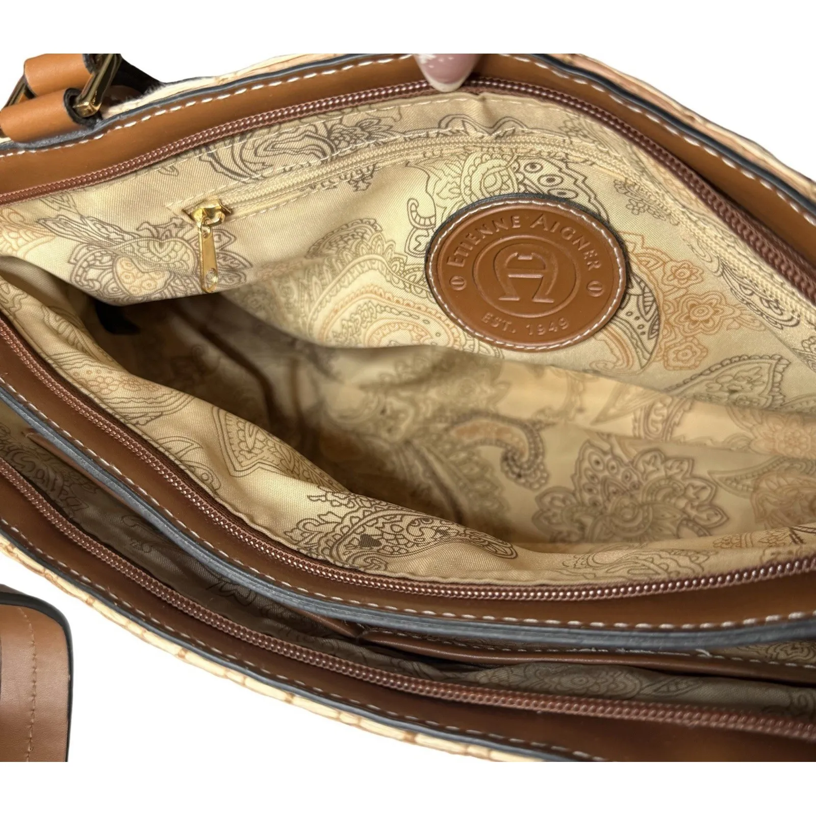 Etienne Aigner Woven Straw Raffia Shoulder Bag Tan Brown Classic Medium - Image 9